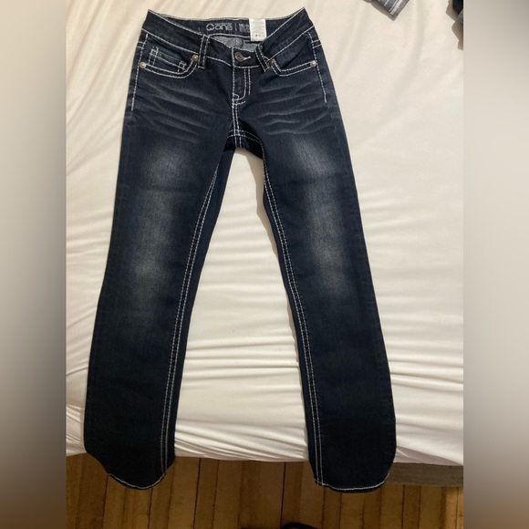 Bootleg size 25 blue jeans white thread accents - Picture 2 of 13